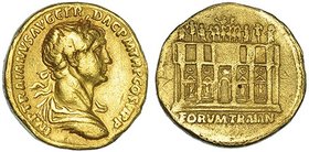 TRAJANO. Áureo. Roma (112-114 d.C.). A/ Busto laureado con manto a der.; IMP. TRAIANVS AVG. GER. DAC. P. M. TR. P. COS VI. P. P. R/ El foro Trajano; F...