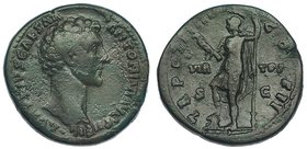 MARCO AURELIO. Bajo Antonino Pío. Sestercio. Roma (148-149 d.C.). A/ Cabeza a der.; AVRELIVS CAESAR ANTONINI AVG PII FIL. R/ Virtus; TR POT III COS II...