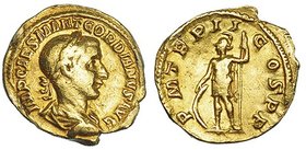 GORDIANO III. Áureo. Roma (239 d.C.). A/ Busto laureado y drapeado a der.; IMP. CAES M ANT GORDIANVS AVG. R/ Virtus a izq. con lanza y escudo; P M TR ...