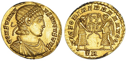 CONSTANCIO II. Sólido. Treveris (347-348 d.C.). A/ Busto perlado, diademado, dra...