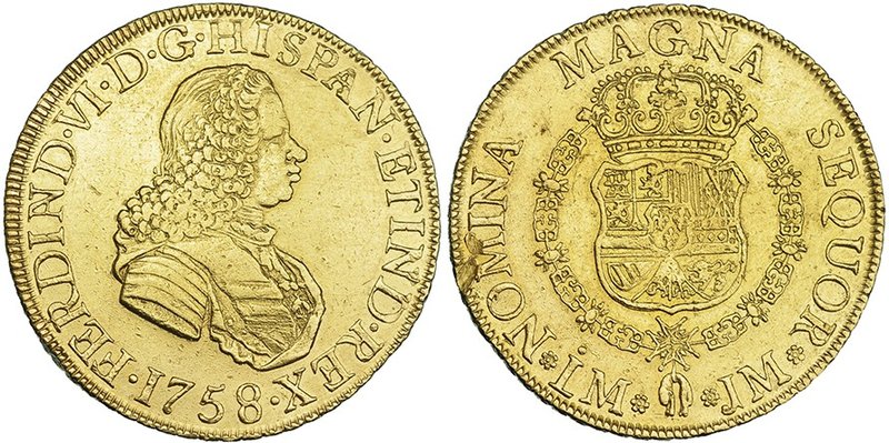 8 escudos. Lima. JM. VI-590. EBC-/MBC+. Golpe en la gráfila del rev. Gratada. EB...