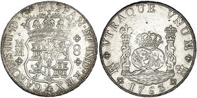 8 reales. 1763/2. Méjico. MM. VI-920. Pequeños defectos de cospel en anv. EBC-. Muy rara.