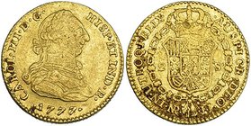 2 escudos. 1777/6. Nuevo Reino. JJ. VI-1349 (var.). Pequeñas marcas. MBC-.
