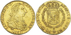 8 escudos. 1767. Lima. JM. VI-1589. Leves hojitas y rayitas de ajuste. MBC. Rara.