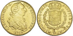 8 escudos. 1769. Lima. JM. VI-1592. Estuvo colgada. Hojitas en rev. Abrillantada. MBC/MBC+.