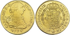 8 escudos. 1774. Lima. MJ. VI-1601. Estuvo colgada. Hojitas en rev. MBC/MBC+.