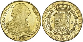 8 escudos. 1773. Madrid. PJ. VI-1620. R.B.O. EBC-/EBC. Escasa.