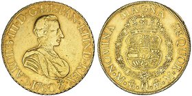 8 escudos. 1760. Méjico. MM. Toisón junto a la fecha. VI-1631. MBC. Muy rara.
