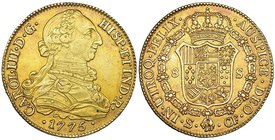 8 escudos. 1775. Sevilla. CF. VI-1777. Bonita pátina. MBC+/EBC-. Rara.