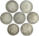7 monedas de 8 reales de Potosí: 6 de Carlos IV y 1 de Fernando VII. De BC+ a MBC-.