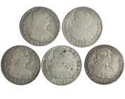 5 monedas de 8 reales de Méjico, 1 de ellas con resellos chinos y otra con soldaduras en rev. De BC+ a MBC-.