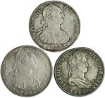 3 monedas de 8 reales: Méjico (1800 y 1808) y Potosí (1819). MBC-.