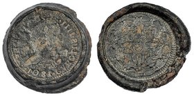 Impronta en negativo de 8 maravedís de Segovia, 1801, sobre cospel irregular posiblemente de calamina. AE-23,65 g. BC+. Muy interesante.