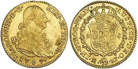 2 escudos. 1797. Madrid. MF. VI-1046. Rayita en anv. y rayitas de ajuste en rev. MBC+.