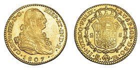 2 escudos. 1807. Madrid. FA. VI-1058. B.O. Rayas de ajuste en anv. B.O. EBC. Escasa.