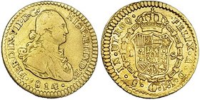Escudo. 1814. Santiago. FJ. VI-1295. Rayitas en anv. y hojitas en rev. MBC-/MBC+. Muy escasa.