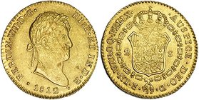 2 escudos. 1812. Cádiz. CI. Marca de ceca pequeña y ensayador grande. VI-1308. Acuñación floja y raya de ajuste en rev. MBC+.