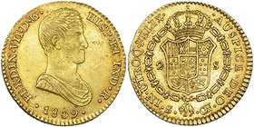 2 escudos. 1809. Sevilla. CN. VI-1383. Pequeñas marcas en anv. MBC+/EBC-. Rara.