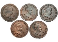 5 monedas de 4 maravedíes de Jubia (1837, 1845, 1847, 1848 y 1850). De BC+ a EBC-.