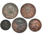 5 monedas de Barcelona: 2 maravedís 1858; 4 maravedís 1855; 8 maravedís 1855 (2) y 1858. De BC+ a MBC.