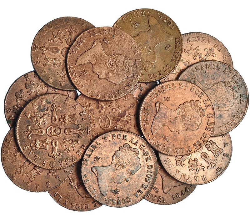 15 monedas diferentes de 8 maravedís de Segovia (1835-1849). De BC+ a EBC-.