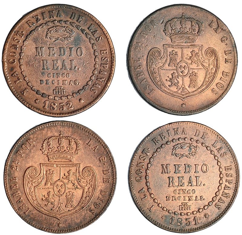 4 monedas diferentes de medio real de Segovia (1850, 1851, 1852 y 1853). MBC-/MB...