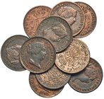 10 monedas diferentes de 5 céntimos de real de Segovia (1855-1864). MBC-/MBC+.