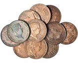 11 monedas diferentes de 25 céntimos de real de Segovia (1854-1864). De BC+ a EBC-.