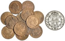 13 monedas diferentes de céntimo de escudo: Barcelona (1866, 1867 OM y 1868 OM), Jubia (1866 OM, 1867 OM y 1868 OM), Segovia (1866, 1866 OM, 1867, 186...