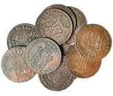 10 monedas diferentes de 3 cuartos Barcelona (1836-1846). Colección completa con el 3 árabe. MBC/MBC+.