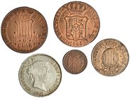5 monedas de 5 céntimos de real, 3 cuartos, 6 cuartos (2) y 50 centavos de peso 1868. MBC/MBC+.