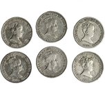6 monedas diferentes de 1 real de Sevilla 1844, 1845, 1850 (2), 1851 y 1852. MBC/MBC+.