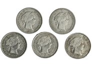 5 monedas diferentes de 10 céntimos de escudo: Madrid (1865, 1866 y 1868) y Sevilla (1865 y 1866). MBC-/MBC+.
