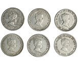 6 monedas diferentes de 2 reales de Madrid 1847, 1848 y 1849 y Sevilla 1850 (2) y 1851. De MBC- a EBC-.