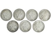 7 monedas diferentes de 40 céntimos de escudo 1864-1868. Madrid (5) y Sevilla (2). Calidad media. MBC.