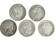 5 monedas diferentes de 20 centavos de peso 1864-1868. Manila. MBC-/MBC+.