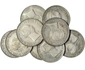 9 monedas diferentes de 10 reales 1852-1855. Barcelona (3), Madrid (3) y Sevilla (3). MBC-/MBC.