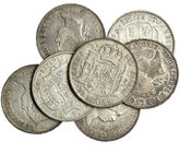 7 monedas diferentes de 10 reales 1857-1864. Madrid. MBC-/MBC+.