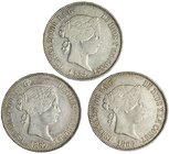 3 monedas de 1 escudo 1866, 1867 y 1868 Madrid. MBC/MBC+.