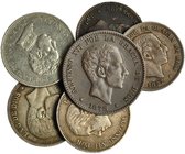 6 monedas: 2 céntimos (1879 y 1881), 5 céntimos (1877 y 1878), 10 céntimos (1878) y 2 pesetas de Alfonso XIII 1905. MBC/MBC+.