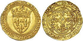 FRANCIA. Carlos VI (1380-1422). Escudo de oro. A/ KAROLVS DEI GRACIA FRANCORVM REX. R/ XPC REGNAT XPC IMPERAT XPC VINCIT. FR-291. Ley. similar. Rayita...