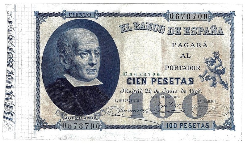 100 pesetas 6-1898. Sin serie. ED-B 89. Restaurado. BC+.