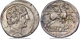 SPAIN. Sekobirikes (Segobriga). Ca. 2nd-1st centuries BC. AR denarius (20mm, 1h). NGC XF. Bare male head right, wearing necklace; crescent to left, si...