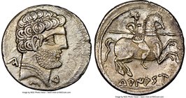 SPAIN. Turiaso (Zaragoza). Ca. 2nd-1st centuries BC. AR denarius (18mm, 9h). NGC XF. Ca. 100-75 BC. Bare male head right, wearing necklace; Ca, S, Tu ...