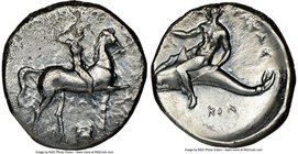 CALABRIA. Tarentum. Ca. 302-281 BC. AR stater or didrachm (22mm, 1h). NGC Choice Fine. Sa- and Con-, magistrates. Nude horseman crowning himself on ho...