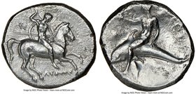 CALABRIA. Tarentum. Ca. early 3rd century BC. AR didrachm (21mm, 10h). NGC Choice VF. Lycon and Si-, magistrates. Warrior on horseback right, thrustin...
