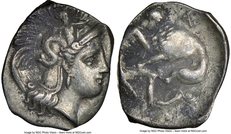 CALABRIA. Tarentum. 4th century BC. AR diobol (13mm, 6h). NGC Choice VF. Ca. 325...