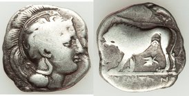 LUCANIA. Velia. Ca. 334-300 BC. AR didrachm or nomos (21mm, 6.79 gm, 12h). VG. Sixth Period, Kleudoros group. Head of Athena right wearing crested Att...