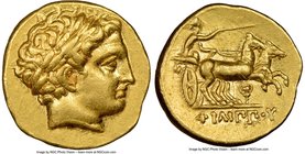 MACEDONIAN KINGDOM. Philip II (359-336 BC). AV stater (19mm, 8.57 gm, 5h). NGC Choice XF 5/5 - 5/5. Lifetime or early posthumous issue of Pella III, c...