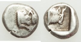 CARIA. Uncertain mint. Ca. 450-400 BC. AR obol (9mm, 1.17 gm, 9h). Fine. Milesian standard. Confronted foreparts of two bulls, each with extended fore...
